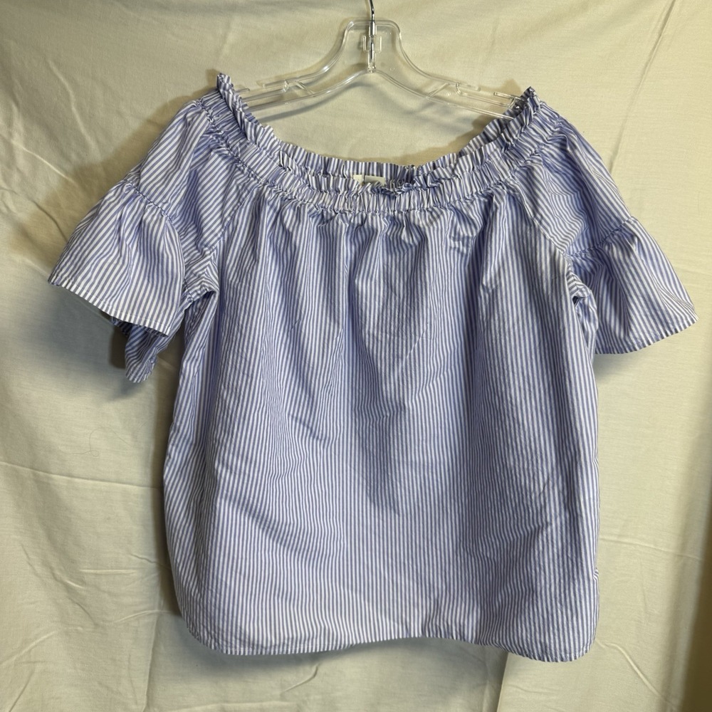 Kate Spade size Medium Broome Street Blue and White Stripe Off The Shoulder Top